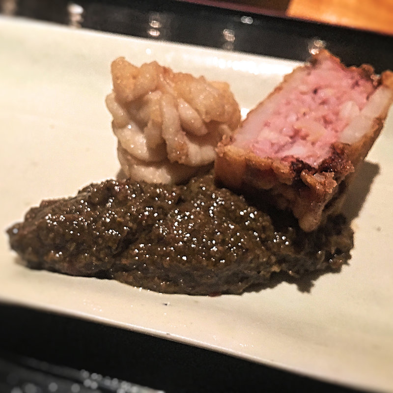 イカと蓮根のはさみ揚げと白子のフリット(キャーヴ ドゥ ギャマン エ ハナレ （Cave de Gamin et Hanare）)