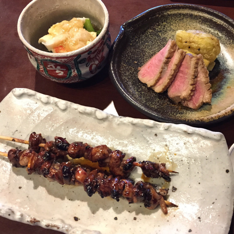 肝串焼き  焼きなすと鴨の炙り カニと湯葉と菜の花の小鉢(うなぎ林家川越店)