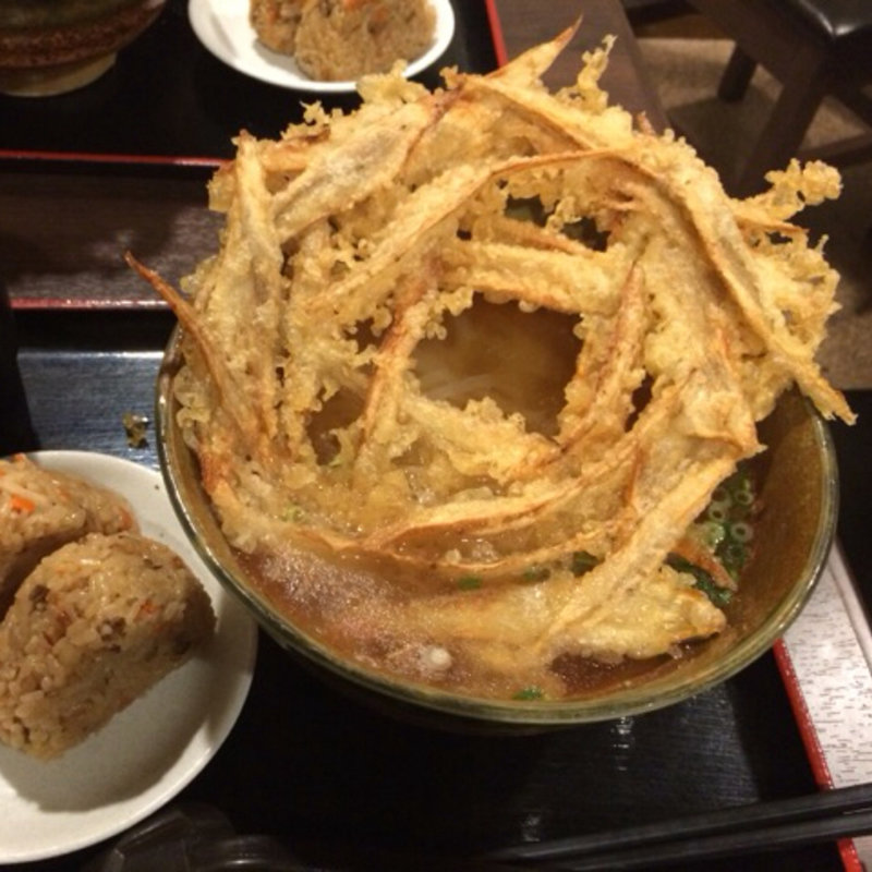 ごぼう天うどん＆かしわおにぎり(大地のうどん 東京馬場店)