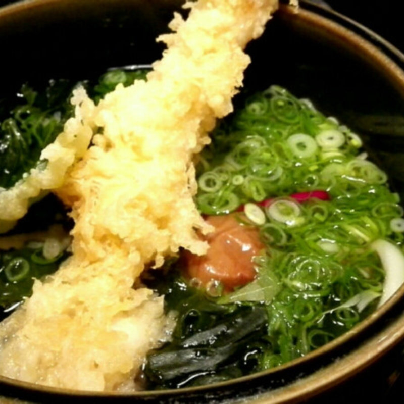 相方は梅ワカうどん　大海老トッピング(釜盛)