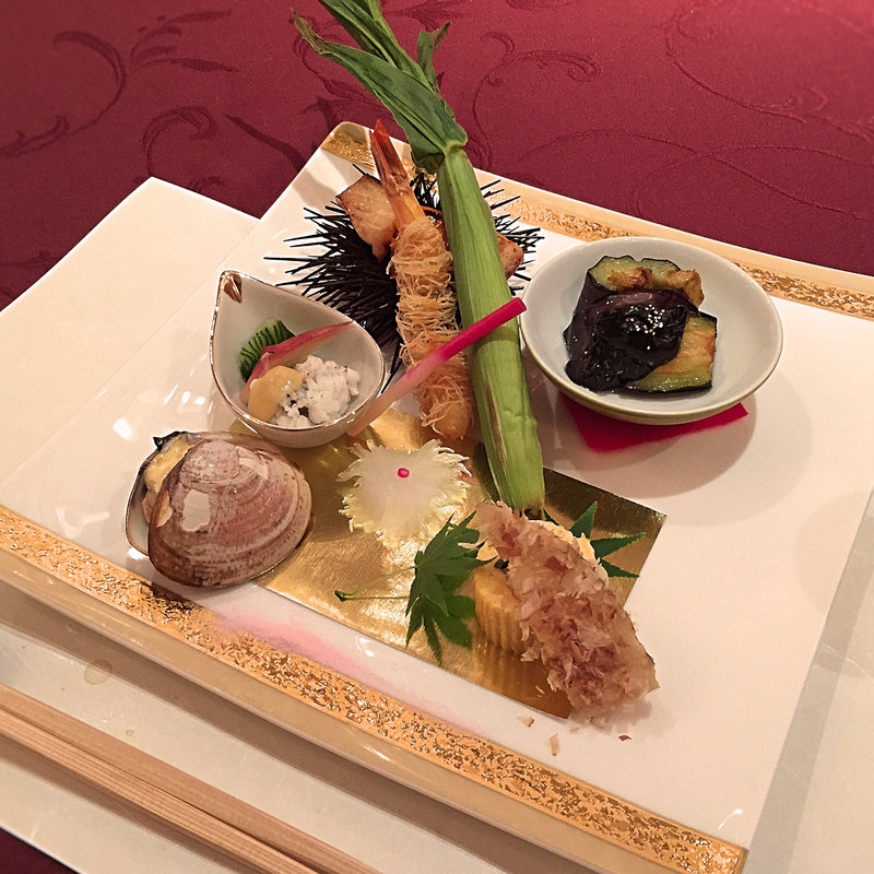 萩産伊佐木幽庵焼き・う巻き・蛤ネーズ焼き・周防鱧落とし・ヤングコーン・海老カザイフ巻き・たまげ茄子田楽(遠石会館 )