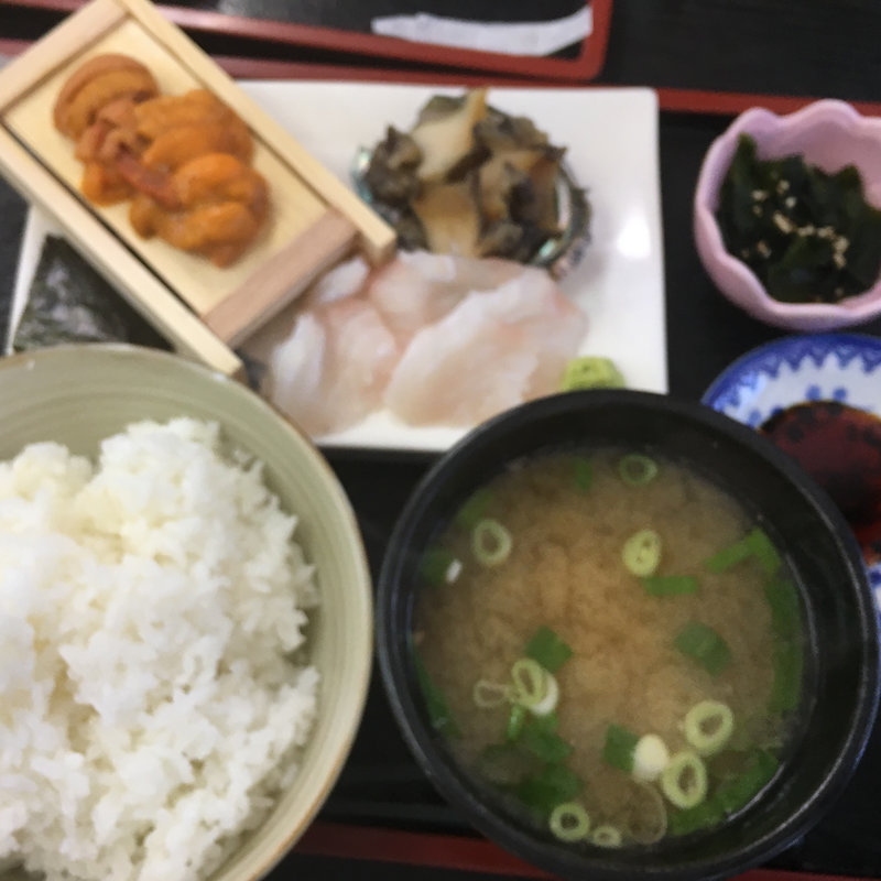 ウニ、煮アワビ、白身刺身の3点盛り定食(とくだ屋)