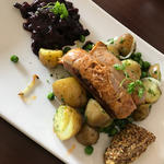 sausage from tveite gard with chili,blueberry/onion compote,ptato salad and mustard