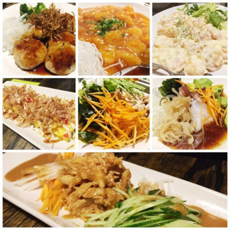 (なんこつ入り柚子風味つくね、海老チリ、海老マヨ、玉子焼きのお好み焼き風、ラーメンサラダ、タコとクラゲとアボカドのピリ辛冷製、四川風バンバンジー)(橙台 本店 （だいだい）)