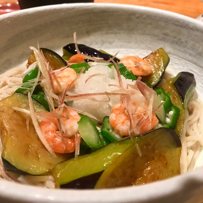 茄子の揚げ浸しと海老とオクラの冷製そばセット(そば茶屋華元本膳庵)