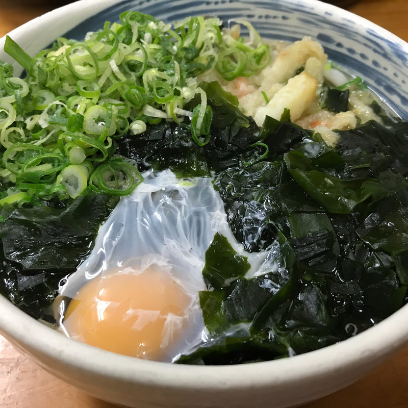 ごぼう天うどん（月見・わかめトッピング）(天ぷらうどん)
