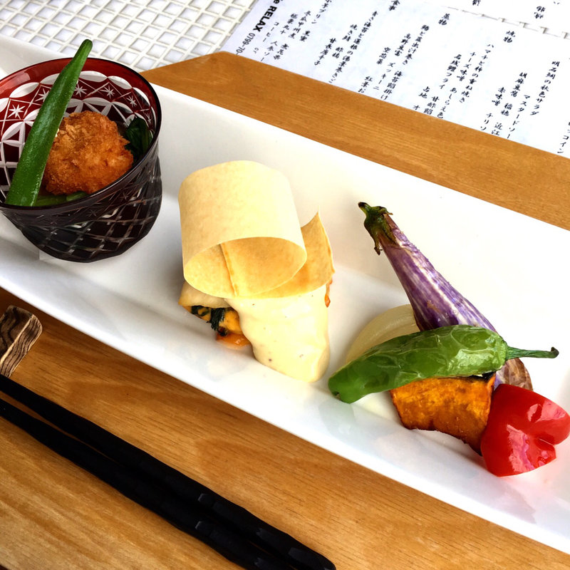 ハマチと柿の重ね焼き チーズソース & 鱧フライ(Relax （リラックス）)