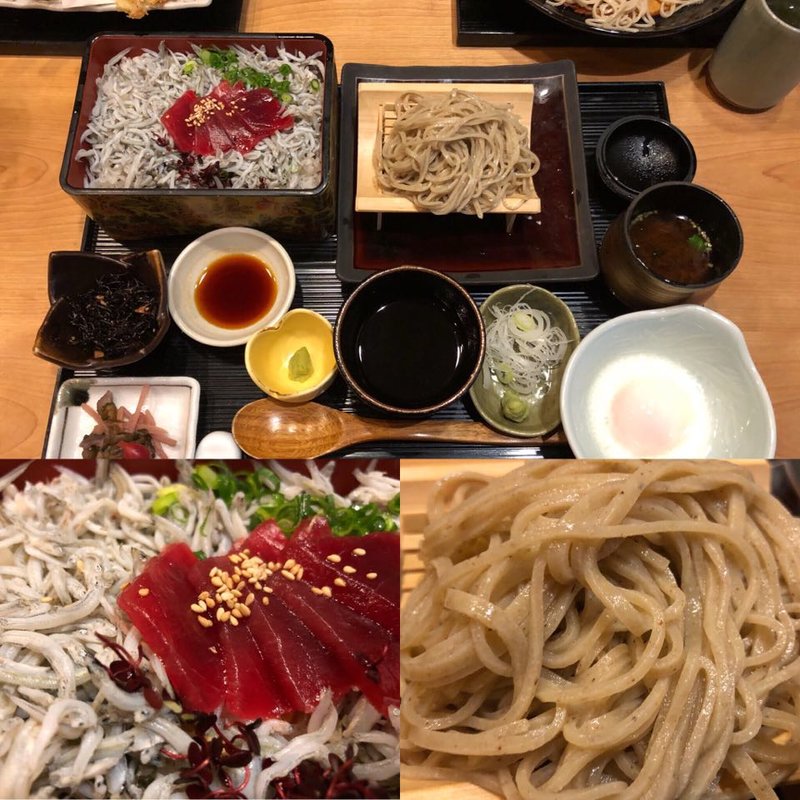 釜揚げシラスとマグロ丼の自家製蕎麦セット(季節料理　あら珠)