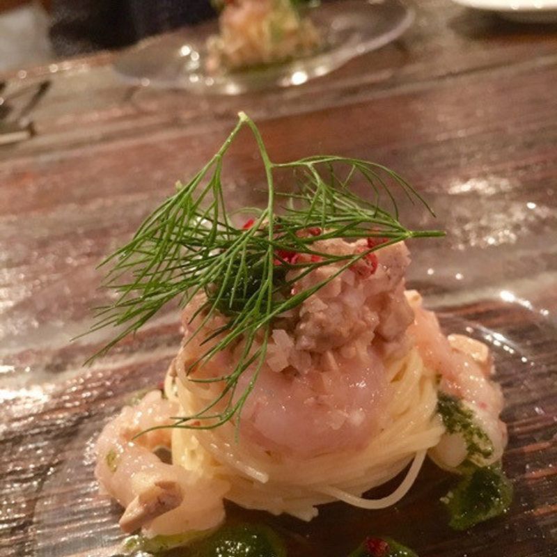 甘エビのカッペリーニハッカクの肝添えバジルソース(アジャン （Agen）)