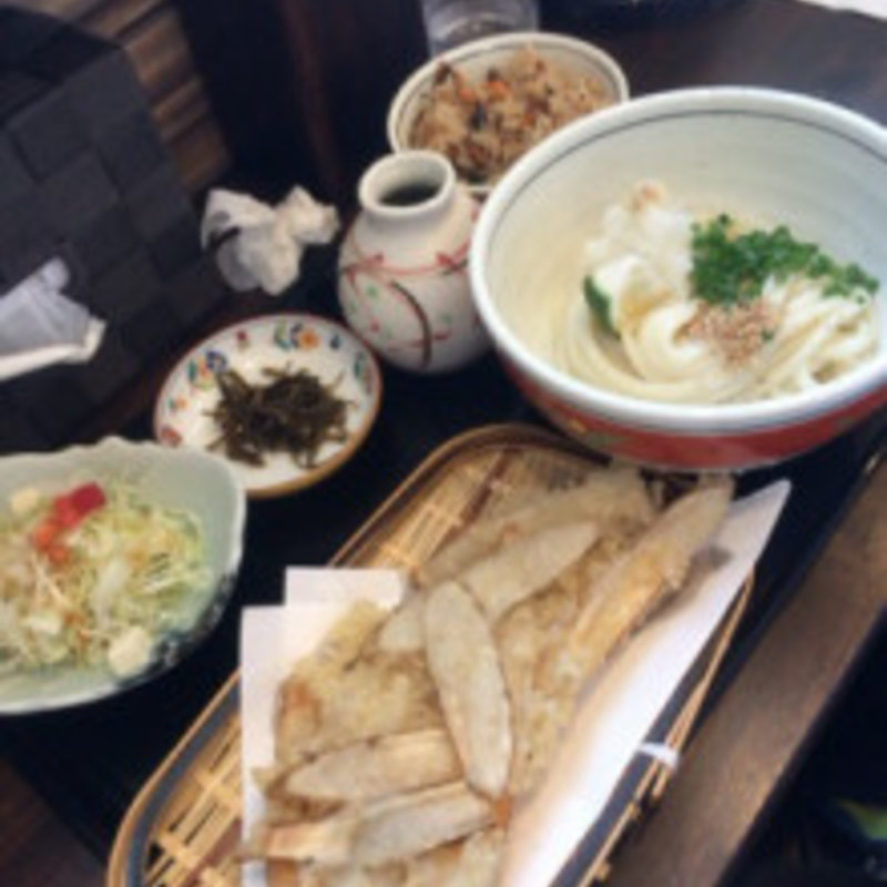 ごぼう天ぶっかけうどんと鶏めし(無添さぬきめん あじ豊'')