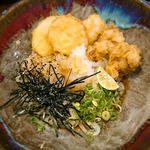 鶏と長芋と新玉ねぎの天ぷら ぶっかけうどん