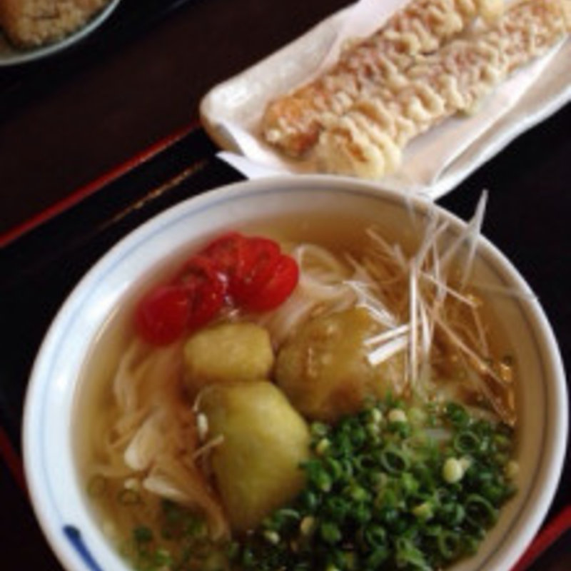 焼き茄子と芽生姜の冷うどんにちくわ天(さぬきうどん誠屋)