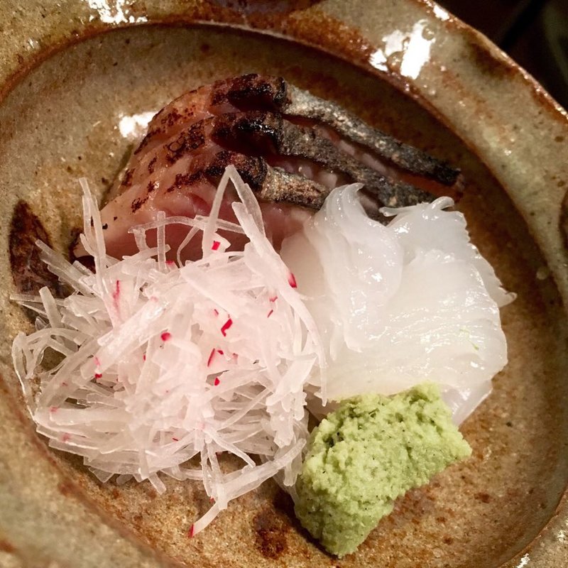 鰆（2ヶ月熟成）、アオリイカの刺身(馬場頭ふろ)