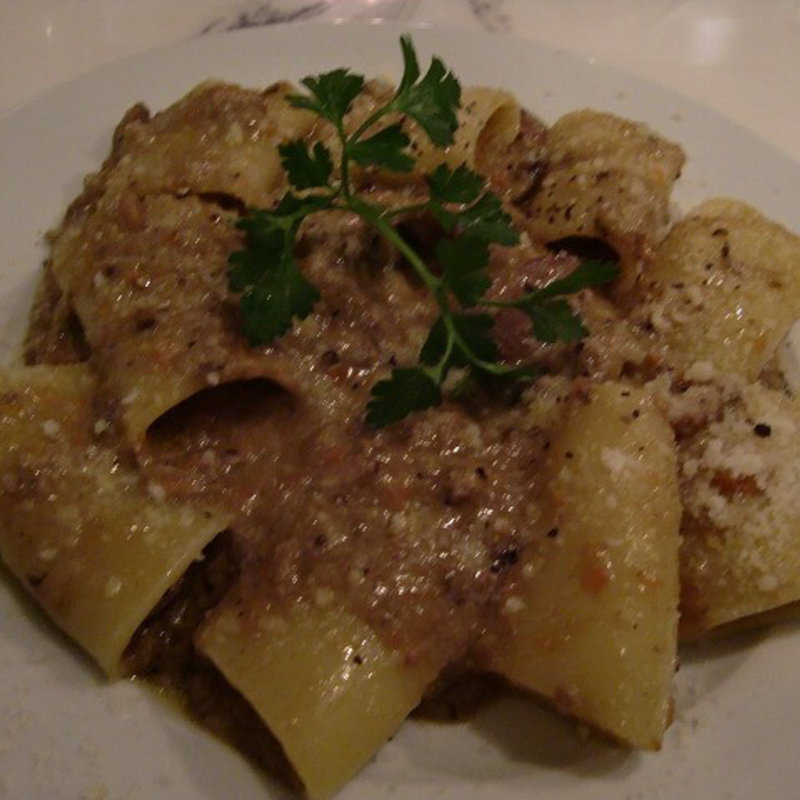 地鶏レバーとポルチーニのパッケリ(トラットリア 築地 パラディーゾ！)