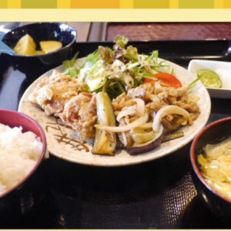 茄子みそ炒めと鳥唐揚定食(ヨコスカシェル)