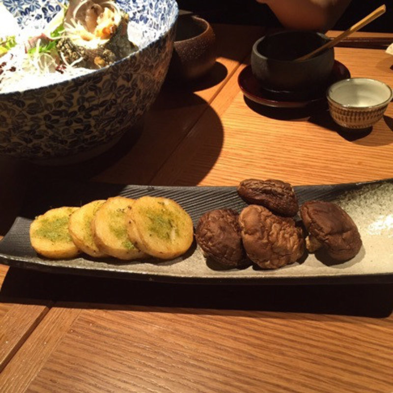 旬の焼き物　長いもと椎茸(和えに)