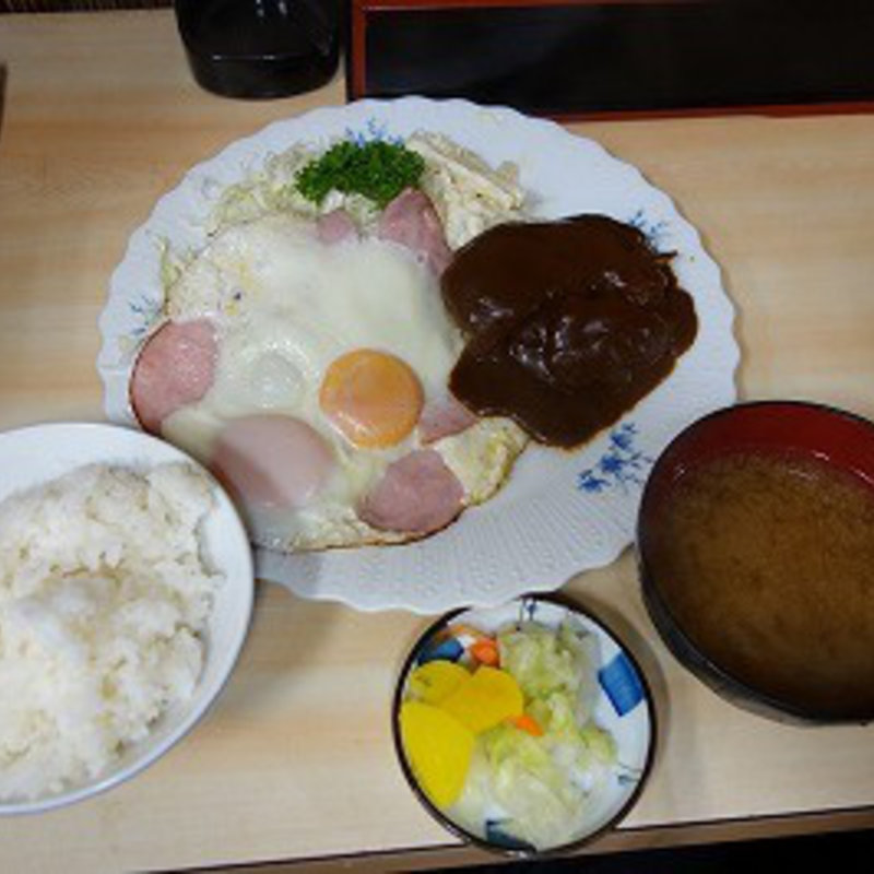 手づくりハンバーグ（ミックス）ハムエッグ定食(木村家)