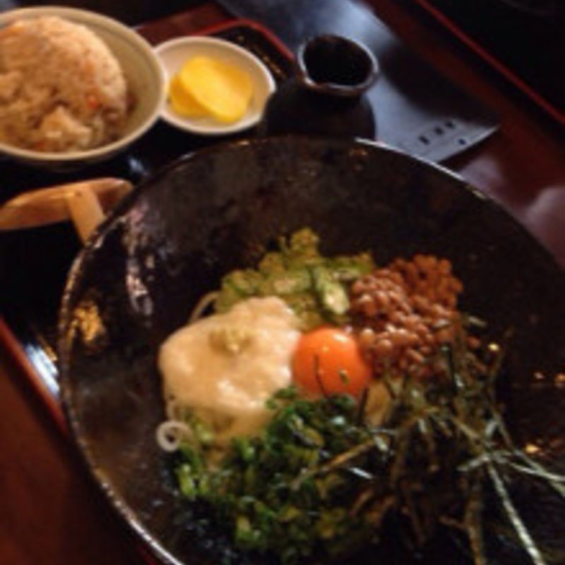 ねばねばぶっかけうどん＆かしわご飯(練り込みうどん権)