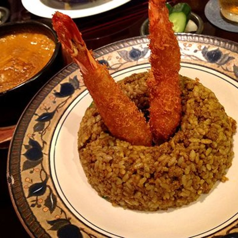 海老フライとドライカレーとクリームカレー(シチューとカレーの専門店 銀座 古川)