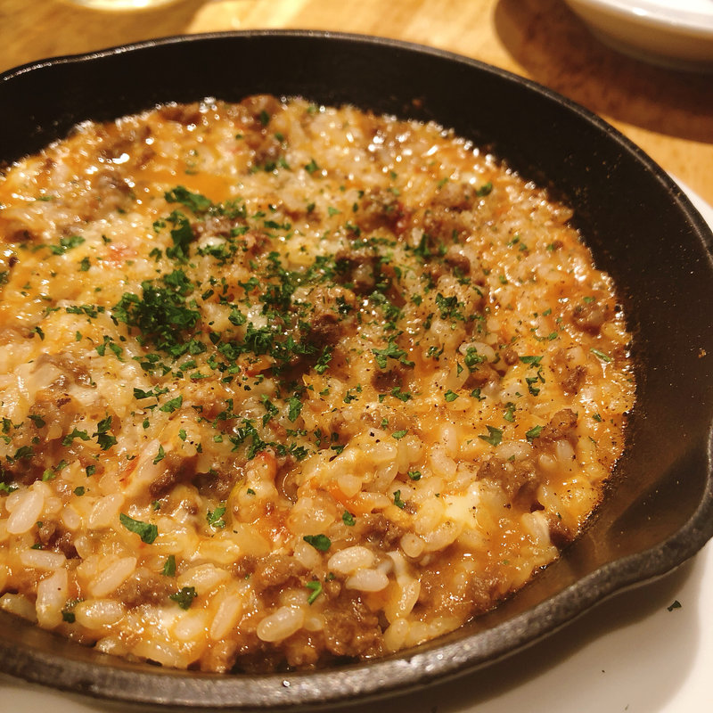 馬肉の鉄板ミートソースチーズリゾット(リバーサイドコマツ)
