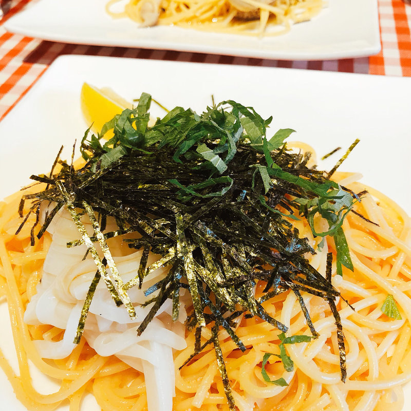 明太子とイカのパスタ(どんぐり )