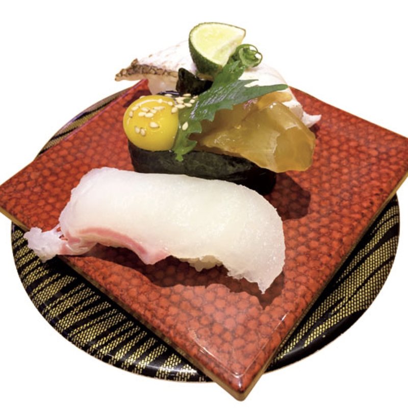 活〆真鯛三昧（活〆真鯛焼き霜炙り、鯛めし風軍艦、伊達真鯛）(回転寿司 すしえもんイーアス高尾店)