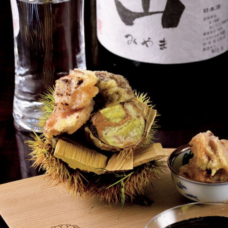 あんきもの味噌漬け栗、いちぢくの天ぷら、深山特別純米 瓶囲い(さん葉か)