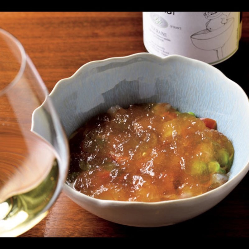 海老と野菜のマリネ、人参ムースとコンソメジュレ(ラ・ミニョネット)