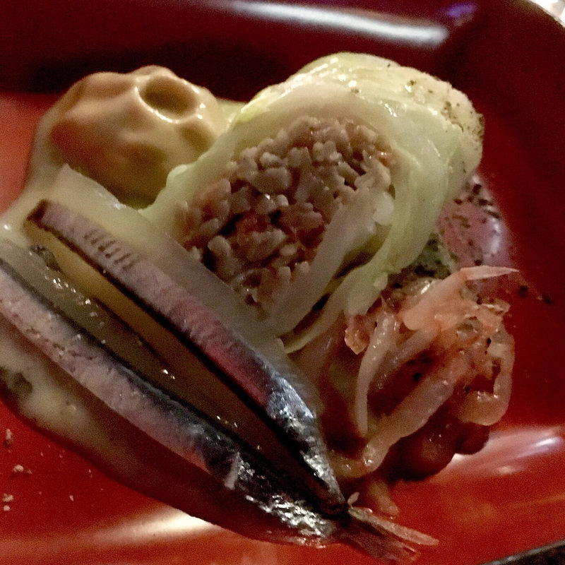 そばと桜エビのロールキャベツ エスプーマソース(まぼろしの桜)