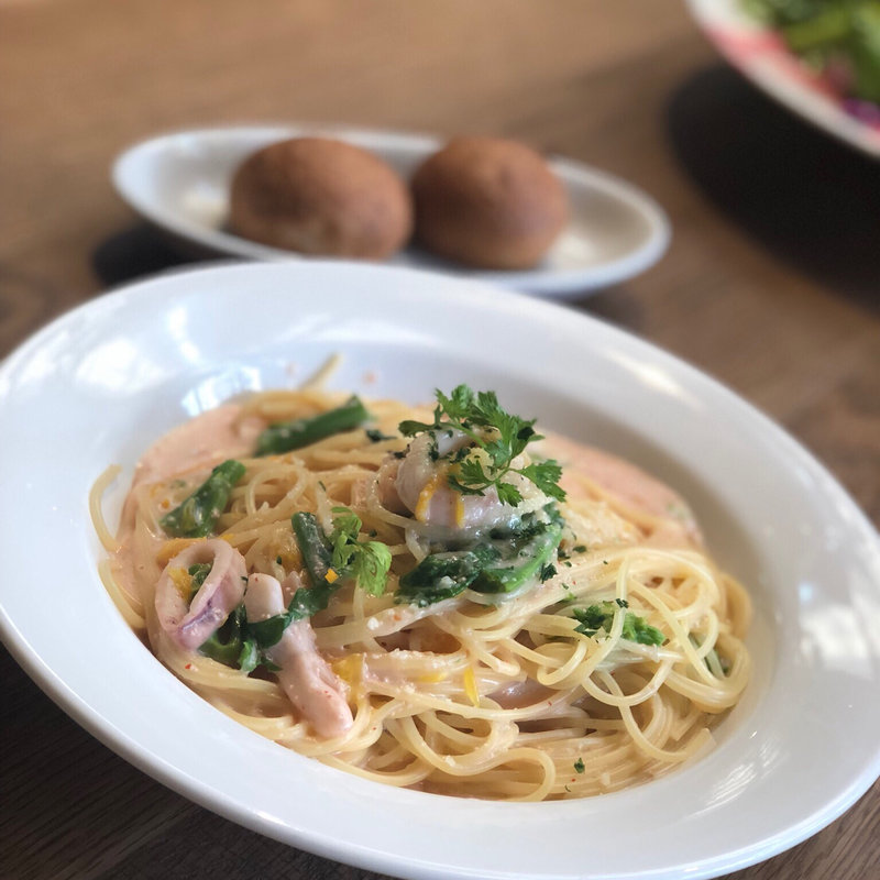 いかと菜の花の明太子クリームスパゲティ#オレンジ風味(FARMER'S KITCHEN （ファーマーズキッチン）)