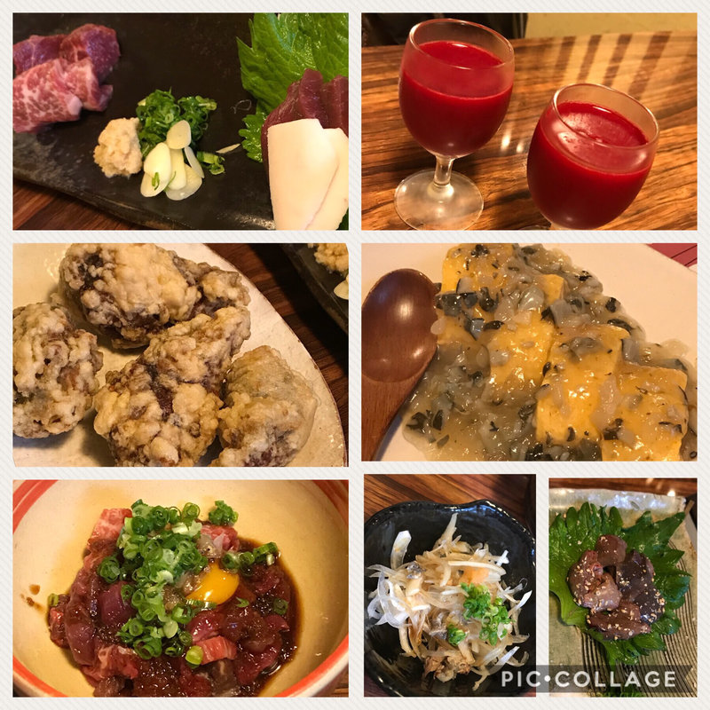 馬刺し、桜ユッケ、鼈唐揚げ、鼈肝、生血、鼈卵焼(かみつき屋チャンピオン)