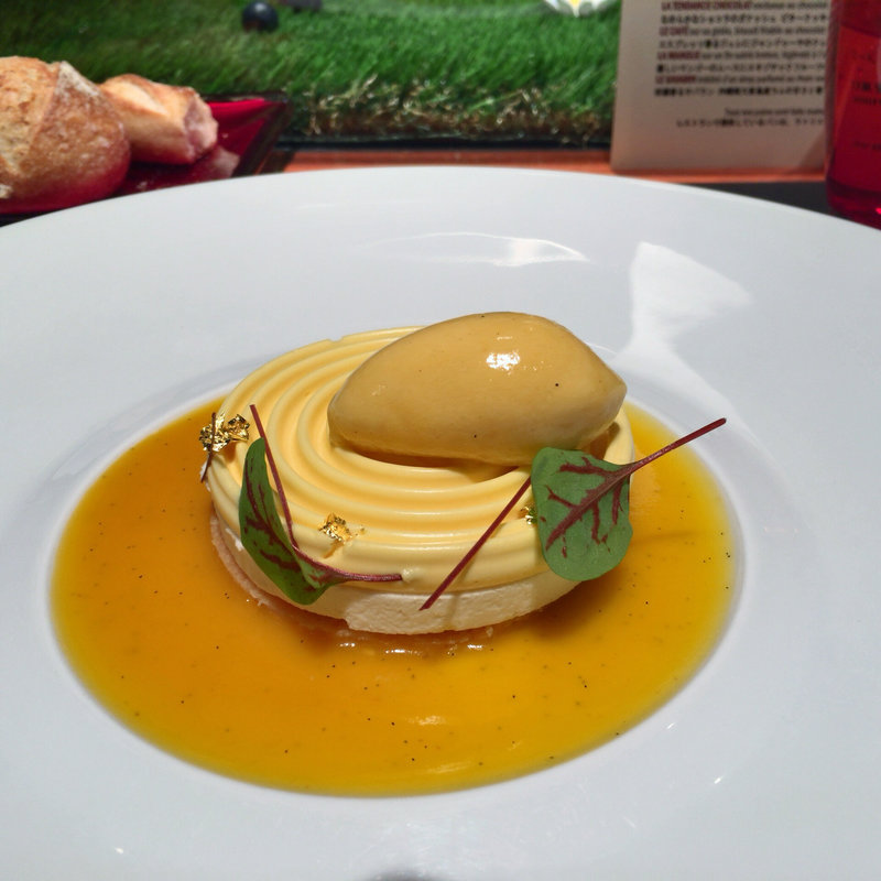 優しいマンゴーのムースにエキゾチックフルーツのクーリ10種類の素材を使ったソルベを添えて(ラトリエ ドゥ ジョエル・ロブション)