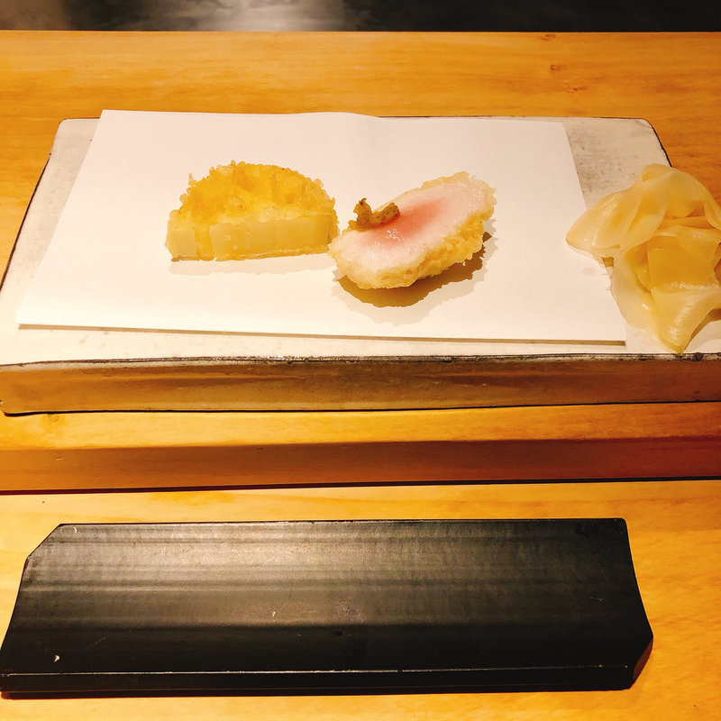 鶏天とレンコンの天ぷら(中目黒いぐち上ル)