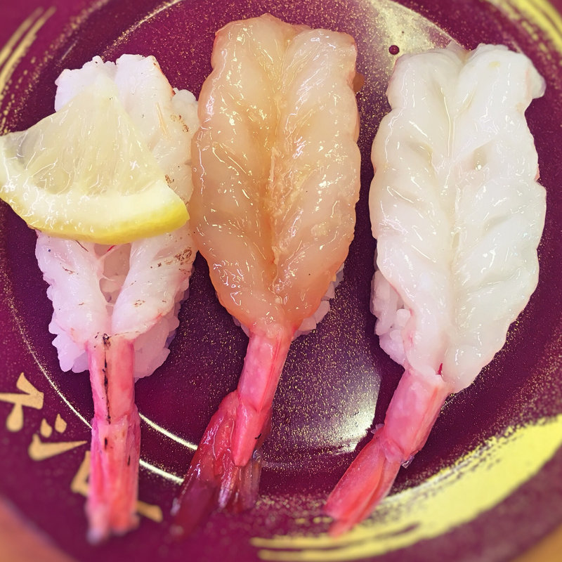 天然えび3貫盛り(炙り、漬け、生)(スシロー 福岡野方店)