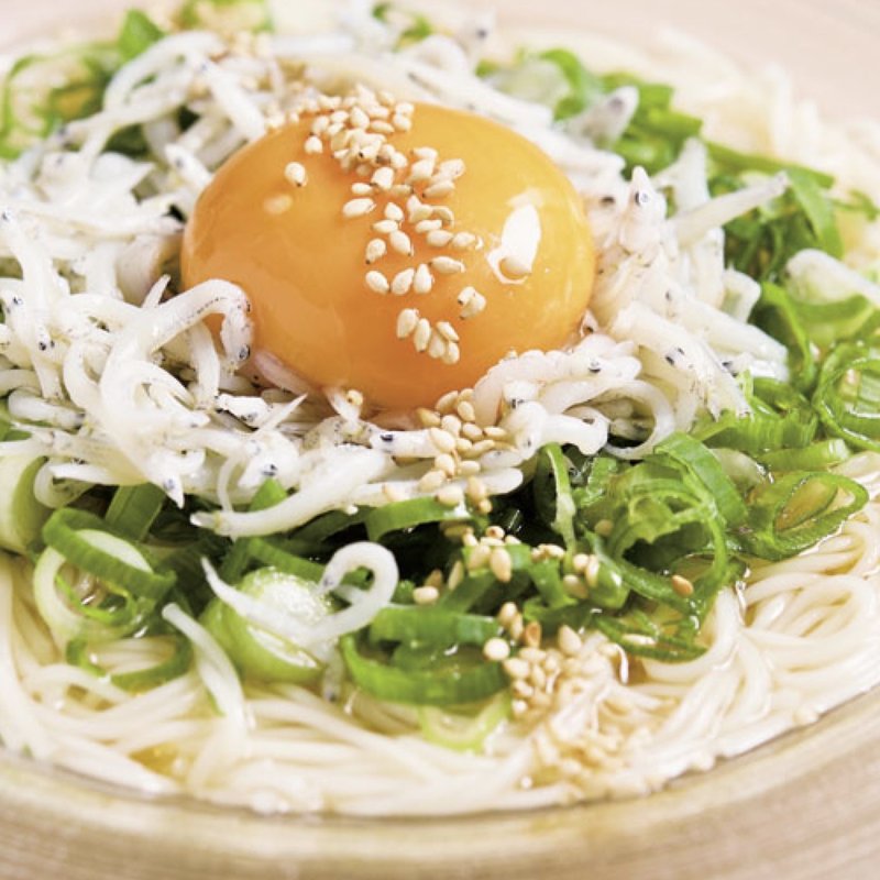 九条ネギとしらす月見そうめん(そそそ)