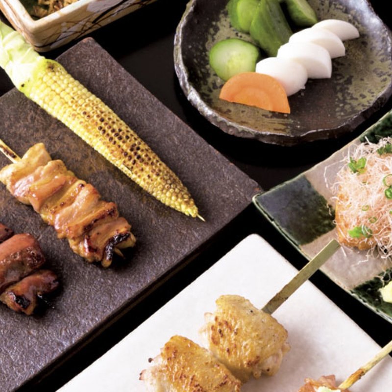 みすじコースの一例（前菜3種、濃厚鶏スープ、自家製厚揚げ、串焼き6本）(赤坂焼鳥 鳳)