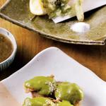 季節の天ぷら、生もずく酢、総州古白鶏九条ねぎソース
