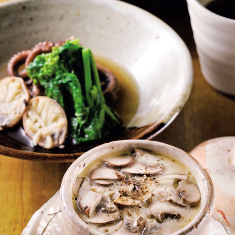 稲庭うどん、飯だこと菜の花の旨煮、モッツァレラチーズ茶碗蒸し(一饗)