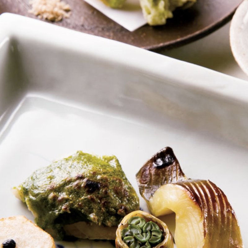 【揚】海老真丈、蚕豆、つまみ揚げ、たらの芽天ぷら、【焼】 えぼ鯛、木の芽田楽、まながつお味噌漬、隠元胡麻和え湯葉巻き、小芋唐揚、大徳寺納豆(きんとき )