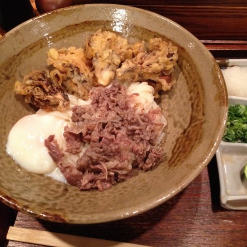 肉まいたけ天温玉 生じょうゆ(踊るうどん 梅田店)