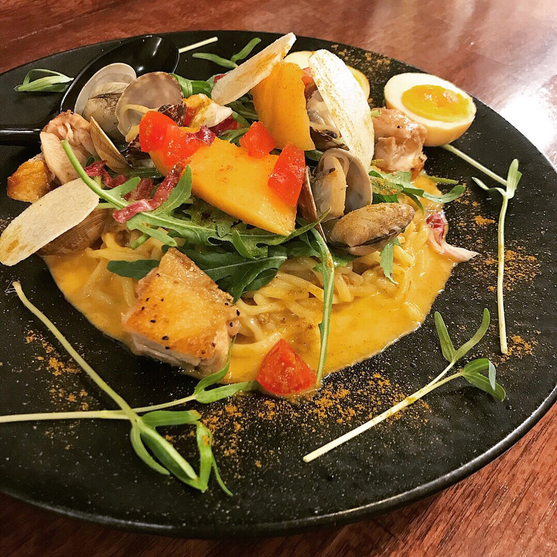 限定 冷製汁なし あさりと鶏肉のトマトクリーム(海老丸らーめん)