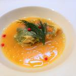 真鯛と旬野菜の京湯葉包み　雲丹のスープ仕立て