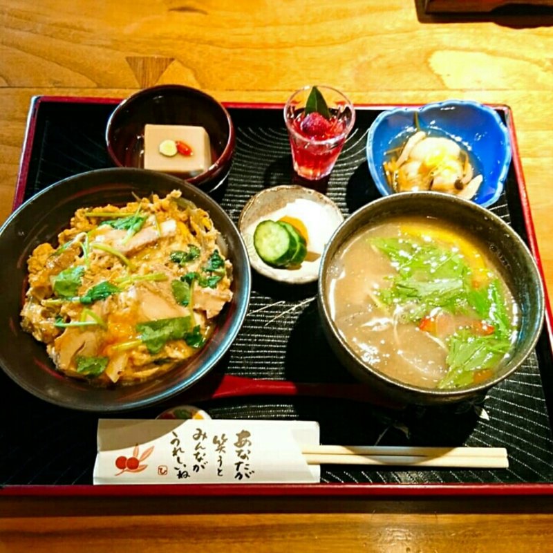 親子丼ハーフサイズと団子汁ハーフサイズ(手づくり茶屋 よか処 やまもも)