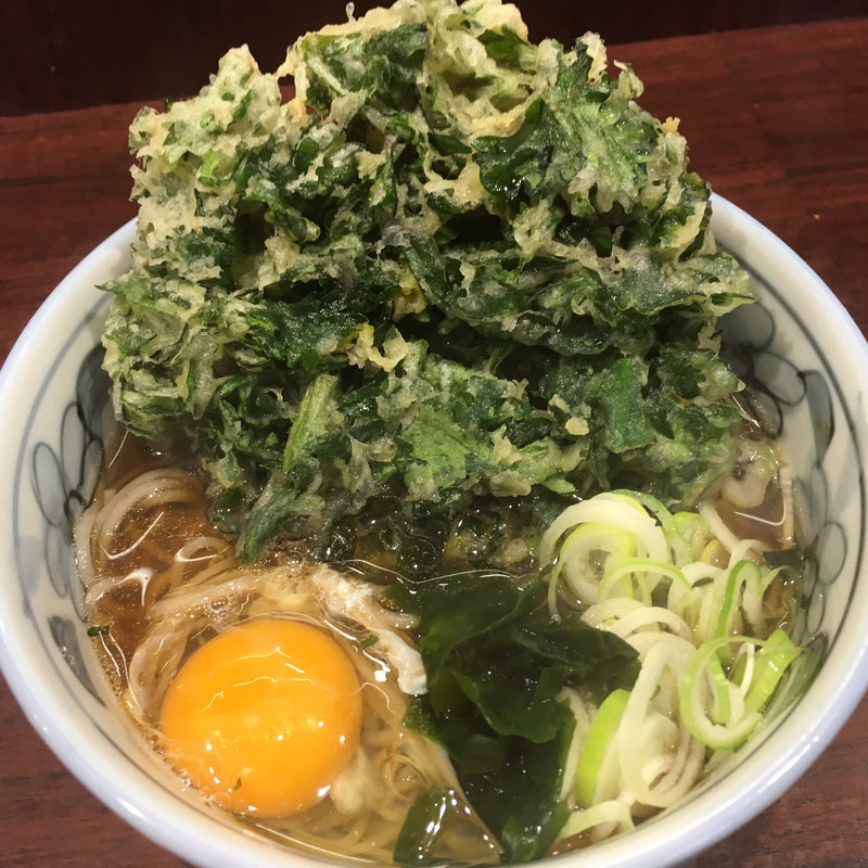 月見そば、春菊天(そば処 やしま)