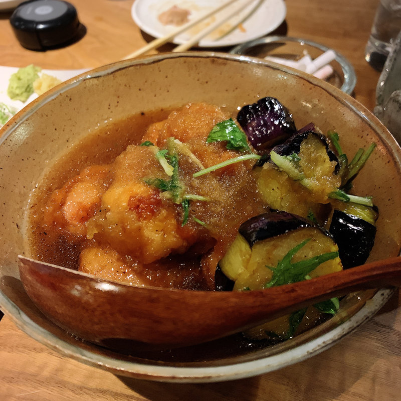 鶏肉と茄子の揚げ浸し(伊勢海老蕎麦 清正)