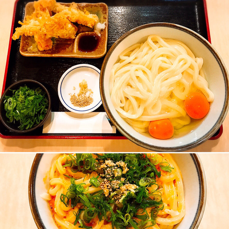 玉子醤油うどん(大盛・玉子2個・ねぎ増量)＋かしわ天(美の庵 )