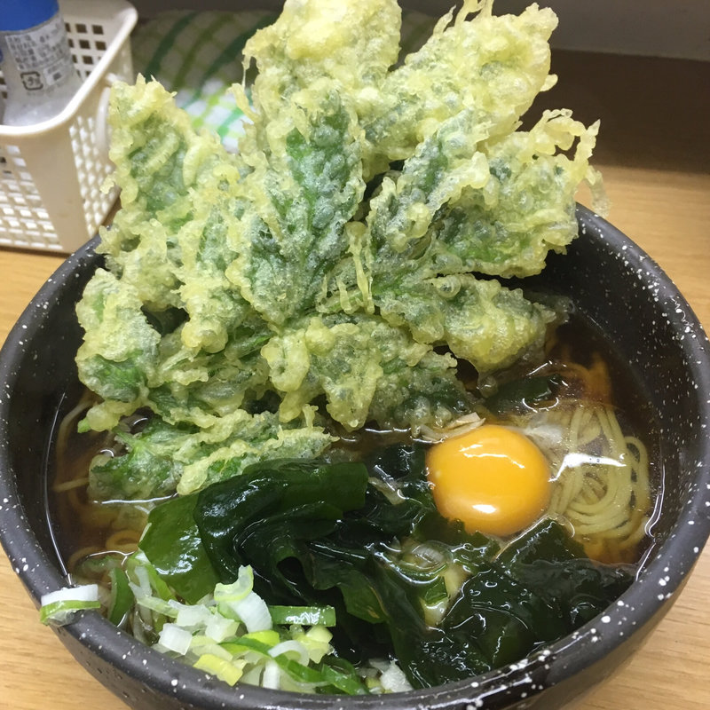 明日葉天そば、生卵(葛西めんや)