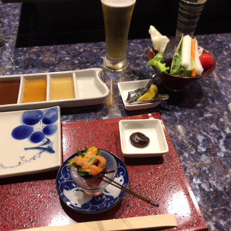 前菜 ローストビーフ雲丹のせ  付け合せ バーニャカウダ(串揚げ ばらんざっく )