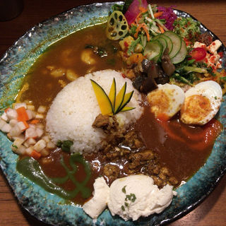 ボタニカリーとシュリンプカリーのあいがけ 卵ピクルスとクリームチーズ豆腐のトッピング(BOTANI:CURRY)