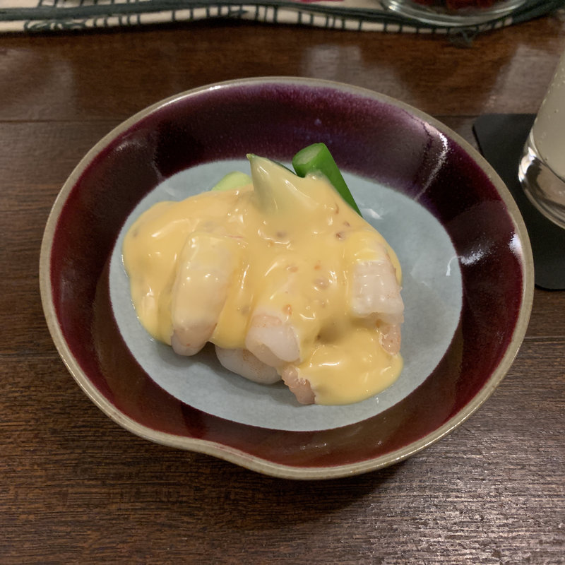 エビとアスパラのこがしニンニクマヨネーズ(店屋町 鈴太郎)